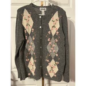 Vintage Garland Silk/Angora/Wool Floral Argyle Cardigan, Size Large
